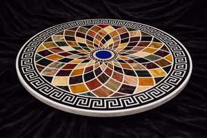 Luxury Round Marble Inlay Table <b>Top</b> Handmade Pietra Dura Floral Lotus Design Semi Precious Stone Inlay White Marble Center Table - Product Image 2