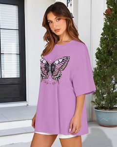 T-shirt ample à manches courtes et col rond pour femme, imprimé papillon violet, coupe décontractée, printemps-été - Product Image 2
