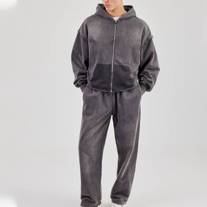 Ensemble de survêtement gris à capuche pour homme, manches longues, fermeture éclair, couleur unie, coupe ample, jogging décontracté, en coton pour l'automne - Product Image 1