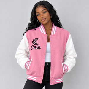 Chaqueta Varsity Rosa y Blanca Unisex, Chaqueta de Béisbol con Botones a Presión, Puños Acanalados con Logotipo - Product Image 2