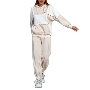 Nuevos conjuntos de entrenamiento de bloque de color para mujer, conjuntos de chándales de algodón elegantes de talla grande, jersey con bolsillo de canguro, ajuste holgado - Product Image 1