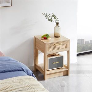 15.75\" Modern Rattan End Table with Drawer Nightstand for Bedroom or Living Room Natural - Product Image 1