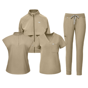 Women White <b>Scrub</b> Set Knitted Cotton Polyester Hospital Uniforms Jogger Pants V-Neck <b>Top</b> Zipper Jacket Medical Wear - Product Image 4
