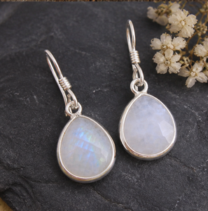 Natural Rainbow Moonstone Pear Drop <b>Earrings</b> 925 <b>Sterling</b> <b>Silver</b>, Faceted White Gemstone <b>Dangle</b> <b>Earrings</b> Handmade Jewelry for Wo - Product Image 1