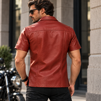 Kemeja Kulit Coklat Premium Pria Lengan Pendek Desain Kancing Depan Saku Dada Ritsleting Ganda Kerah Klasik Slim Fit Kasual Street