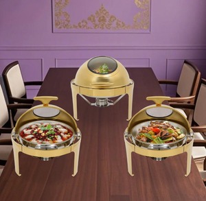 ชุดอุ่นอาหารบุฟเฟ่ต์สแตนเลสทรงกลม 3 ชิ้น พร้อมฝาปิด สีทอง ราคาประหยัด - Product Image 1