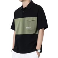 Kaos Polo Kasual Pria Lengan Pendek dengan Saku, Kerah Lipat, Longgar, Bernapas, Model Patchwork, Ukuran Besar