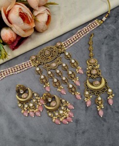 Designer Beaded Choker Necklace <b>Set</b> With Drop Beads Earrings And Mangtika Ethnic Festive Wear Fashion <b>Jewellery</b> <b>Set</b> Manufacturer - Product Image 1