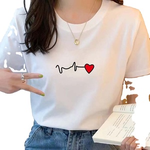 Camiseta blanca de manga corta con cuello redondo para mujer, estampado de latidos del corazón, Top informal de algodón para primavera y verano - Product Image 1