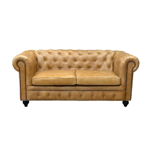 Luxury Beige Chesterfield Leather <b>Sofa</b> Two Seater <b>Wood</b> <b>Frame</b> Deep Button Tufted Back Rolled Arms Vintage Living Transitional - Product Image 2