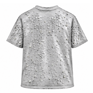 Silver Unisex Pearl T <b>Shirt</b> Short Sleeve Crew Neck Pearl <b>Studded</b> Tee Custom Casual Fashion Streetwear Apparel Top - Product Image 2