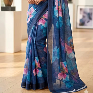 Sari en lin doux de 6,10 mètres, coupé en une seule pièce, élégant, de créateur, tenue ethnique légère pour le quotidien, le bureau ou les fêtes - Product Image 1