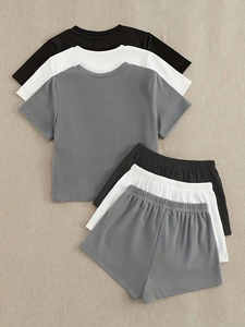 Conjunto de camiseta térmica de manga corta con cuello redondo y pantalones cortos de punto de color sólido para mujer, conjunto informal holgado de invierno para estar en casa. - Product Image 2