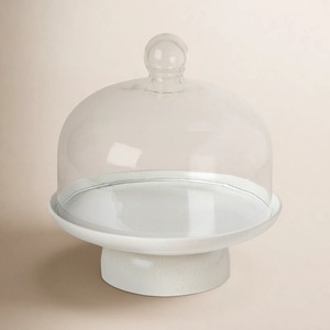Base Redonda de Cerámica para Pastel con Tapa de Cristal, Solo Lavar a Mano, No Tóxico, Acabado Blanco Moteado - Product Image 1