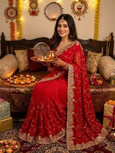 Impresionante Saree Karwachauth Especial Premium de Georgette con Blusa Bordada con Hilos Múltiples y Lentejuelas Karwachauth - Product Image 6