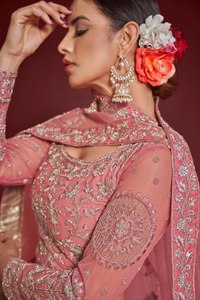 <b>Rose</b> Pink Embroidered Polyester/Cotton Lace Lehenga Choli Net Saree Set Traditional Wedding Outfit for Women - Product Image 6