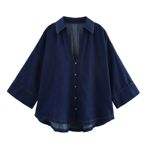 Turn Collar <b>Buttons</b> Long Sleeve Denim Blue Color Vintage Quick Dry Breathable Casual Fashion Summer High-quality <b>Jeans</b> Tops - Product Image 1