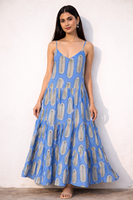 Robe longue décontractée d'été pour femme, bleue, imprimée, col en V, coupe trapèze, sans manches, à fines bretelles, écologique, légère et fluide, pour la plage, OEM