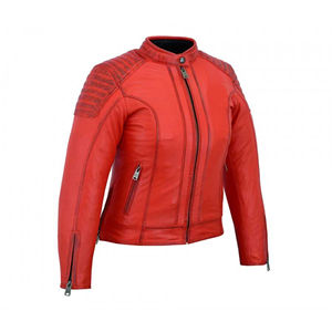 Chaqueta de Motociclista de Cuero Genuino Rojo, Cuello Alto, Cierre de Cremallera, Corte Ajustado, Manga Regular, Color Sólido, Ropa de Otoño para Hombre - Product Image 1
