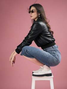 Veste de moto à double col en cuir véritable ample, courte, pour femme, printemps et automne - Product Image 4