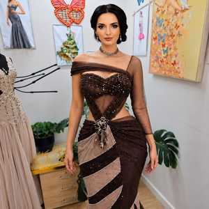 Luxury Brown and Beige Mermaid Evening Gown with <b>One</b> Sleeve Designer Embellished Formal <b>Dress</b> Elegant Dubai Style Party Wear - Product Image 4