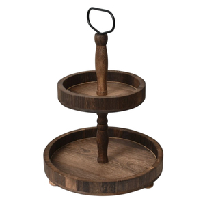 Elegante bandeja de madera de 2 niveles con asa de metal, bandeja redonda de madera para servir en la mesa de cocina, soporte para pasteles, postres y cupcakes. - Product Image 1