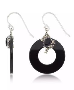 Disco di Marcasite e onice e orecchini in filo di onice sfaccettati in argento Sterling | Macacy's - Product Image 1
