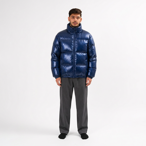 Chaqueta Acolchada Azul para Hombre, Cortavientos, Rellena de Plumón, Abrigo Casual de Invierno, Cuello Alto, Cierre de Cremallera Frontal, Corte Regular, Color Sólido - Product Image 1