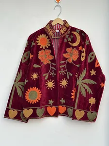 Bohemian Burgundy <b>Velvet</b> Suzani <b>Jacket</b> with Tropical Floral Embroidery Full Sleeve Stand Collar Women's Autumn Outerwear - Product Image 4