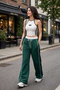 Conjunto Deportivo 2 en 1 para Mujer, Top Corto sin Mangas y Pantalones Anchos Verdes, Corte Holgado con Cierre de Cremallera - Product Image 6