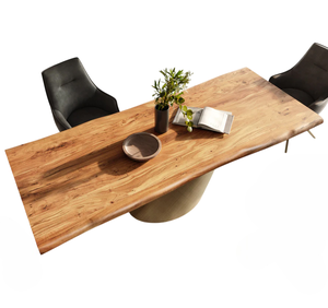 Table de salle à manger rectangulaire en bois d'acacia naturel, design artisanal moderne, bord brut, base en métal en forme de cône, pour cuisine et restaurant - Product Image 3