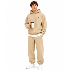Beige Fleece Men's Hoodie Tracksuit Set Warm Brushed Lining Soft Joggers Relaxed Fit Streetwear Daily Wear Custom Logo OEM Ready - Product Image 1