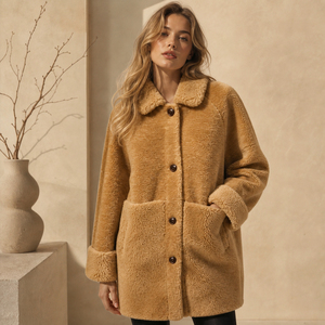 Abrigo Largo de Piel Sintética de Camello para Mujer con Cuello Vuelto y Cierre de Botones, Chaqueta Gruesa de Invierno Tipo Teddy - Product Image 3