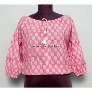 เสื้อครอปสไตล์อินเดียวินเทจสำหรับฤดูร้อน ผ้าฝ้าย 100% พิมพ์ลายดอกไม้ดิจิทัล คอกลม แขนพอง เป็นมิตรกับสิ่งแวดล้อม ระบายอากาศได้ดี สำหรับผู้หญิง - Product Image 1