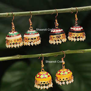 Pendientes indios hechos a mano Jhumki Meenakari latón Jhumki pendientes tradicionales de esmalte Jhumka para mujeres y niñas - Product Image 6