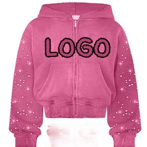 Conjunto de Sudadera con Capucha y Pantalones Deportivos para Hombre con Logotipo Personalizado, Decoración de Pedrería Rosa, Ropa Urbana de Dos Piezas, Traje Deportivo de Invierno, Fabricante Mayorista - Product Image 2