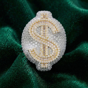 925 Sterling <b>Silver</b> Moissanite Diamond Dollar Sign Cocktail <b>Ring</b> Baguette Cut Rhodium Plated Cluster Hip Hop <b>Statement</b> Jewelry - Product Image 1