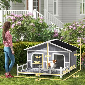 Abri surélevé en bois gris pour animaux de compagnie, grande niche pour chien avec porche, style cabane extérieure pour chiens de petite et moyenne taille, bâtiments de jardin - Product Image 3