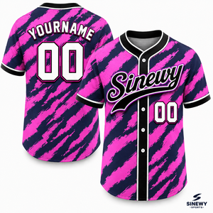 Maillot de baseball personnalisé Sinewy rose et bleu marine rayé, sublimé, unisexe, adulte, manches courtes, séchage rapide, boutons sur le devant - Product Image 1