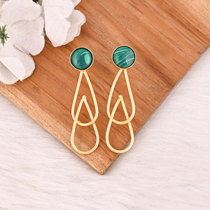 Boucles d'oreilles pendantes en laiton plaqué or avec pierre précieuse naturelle en malachite, bijoux de mode pour femmes - Product Image 4