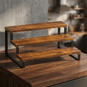 Organizador de encimera de 3 niveles, estante de almacenamiento de madera rústica con estructura metálica resistente, estante multiusos para especias de cocina y café - Product Image 3