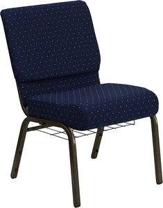 Chaise <span class=keywords><strong>d</strong></span>'église en tissu bleu marine à pois avec porte-livre et structure dorée veinée - Product Image 1