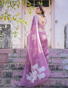 KV <b>Purple</b> Traditional Cotton Linen <b>Saree</b> with Unstitched Blouse for Party Wrinkle Free & Quick Dry - Product Image 5