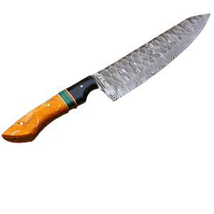 Couteau de chef à motif Damas argenté avec manche décoratif orange et noir, accent rayé multicolore, couteau utilitaire de cuisine - Product Image 2