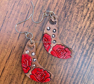 New Arrival Western Style Hand Tooled Carving Leather <b>Earrings</b> Women Cute Trendy Teardrop Leather Flower <b>Earring</b> Western Jewelry - Product Image 4