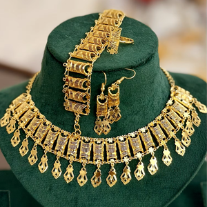 Ensemble de bijoux pour femmes plaqué or 24 carats, style floral classique de Dubaï, tendance, pour mariage et fiançailles - Product Image 1