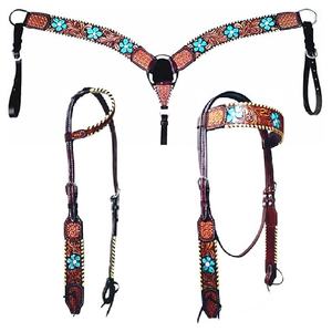 Cabezada Western con cuentas, de cuero marrón, con herrajes plateados, logotipo personalizado, precio competitivo. - Product Image 1