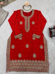 Heavy Embroidered Chinon Silk Quick Dry Indian Pakistani Set <b>Women</b> <b>Kurta</b> Sharara Dupatta Ethnic Wear Wedding Party Outfit - Product Image 6