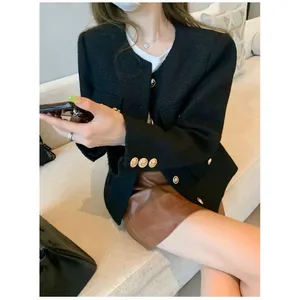 French Wool Tweed Women's High-end Coat with Gold Buttons Short-Slim Fit for Spring Autumn 2024 Korean Style - Product Image 2