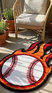 Alfombra de área única con diseño de béisbol, hecha a mano, con temática deportiva, en colores naranja, rojo y blanco, para decoración de sala de estar y dormitorio. - Product Image 3